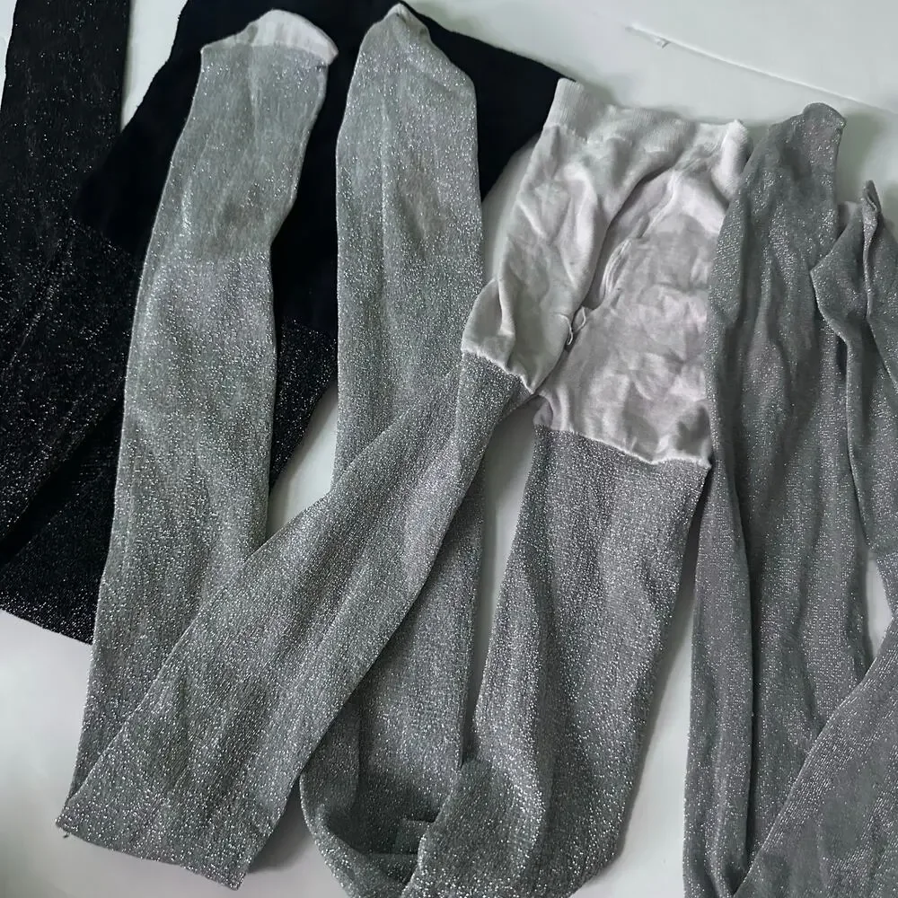 Girls Sparkle Tights Bundle - Black & Silver, Size 6-8
